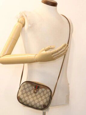 GUCCI Web Sherry Line GG Canvas Shoulder Bag PVC Leather Beige Green Auth rd4502